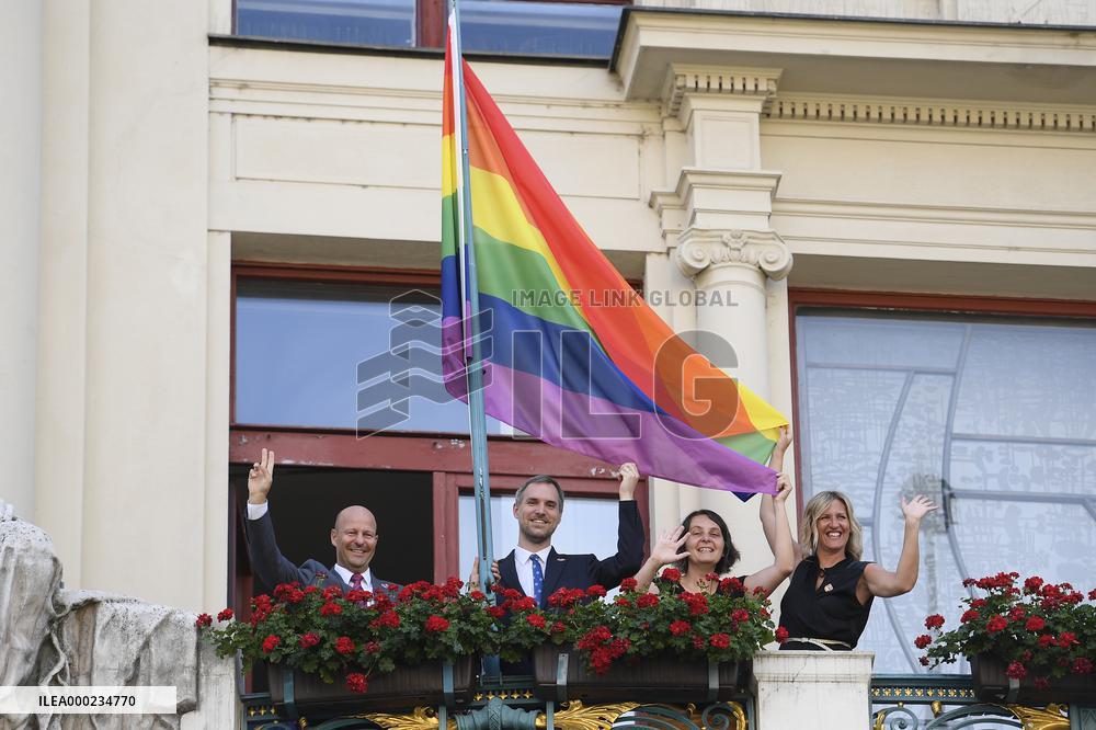 The Prague City Hall , rainbow flag, Prague Pride festival