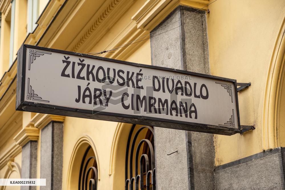 The Zizkov theatre of Jara Cimrman in Prague, sign, logo, Vaclav Kotek