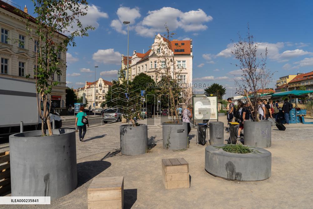 area in front of market and metro station Hradcanska, Prague