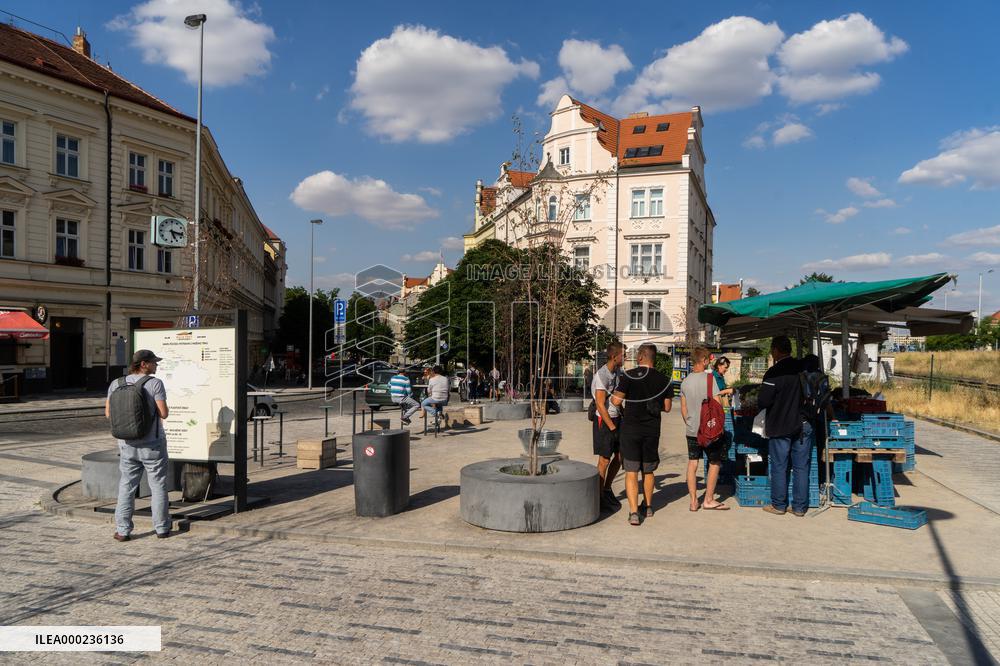 area in front of market and metro station Hradcanska, Prague