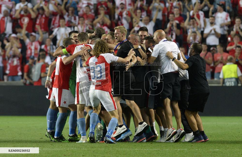 Soccer players of Slavia Prague, celebrate a victory, Champions League