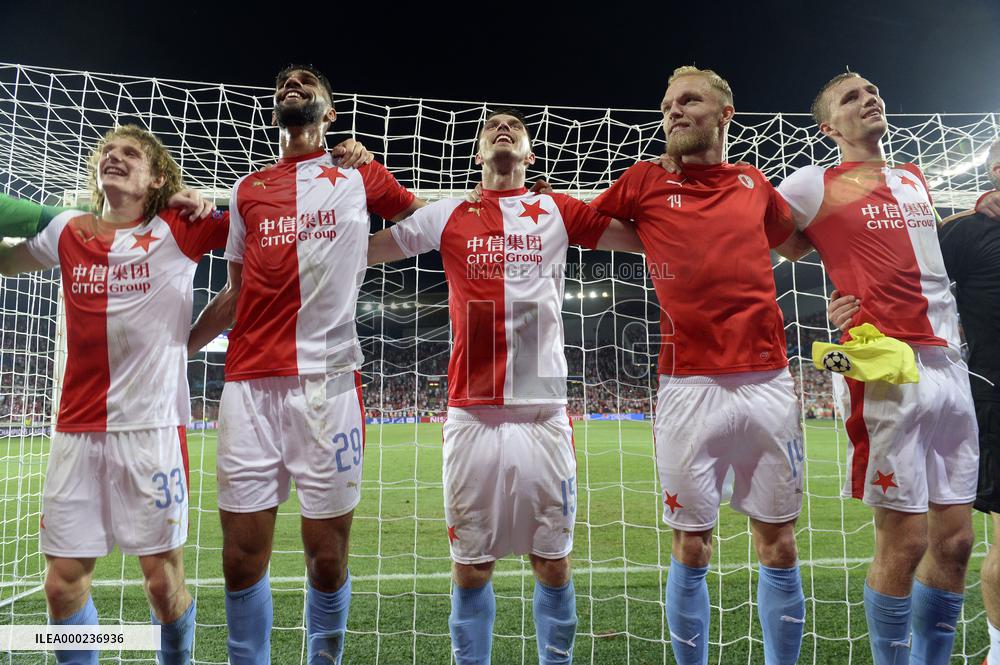 Soccer players of Slavia Prague, celebrate a victory, Champions League