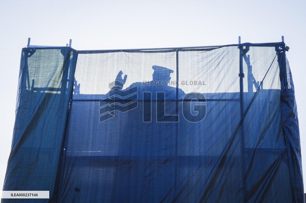 Konev's monument in Prague to be veiled, statue of Soviet Marshal Ivan Konev, scaffolding