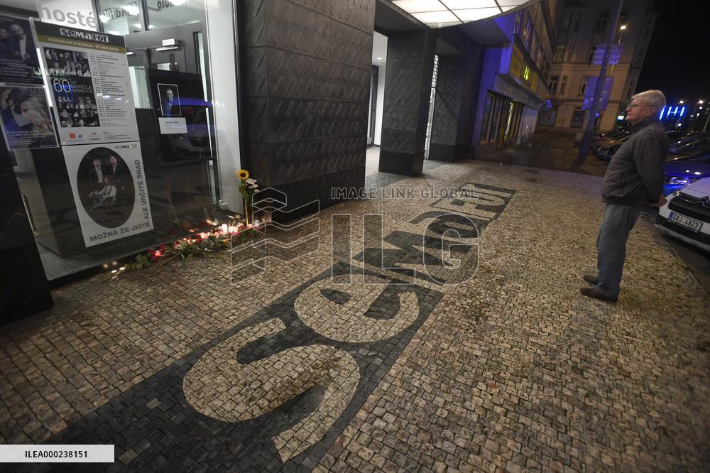 pious place to singer Karel Gott's death is seen in front of the Semafor theatre