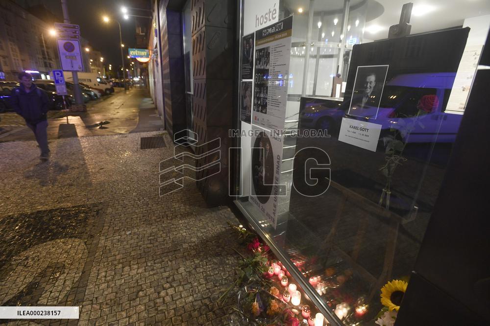pious place to singer Karel Gott's death is seen in front of the Semafor theatre