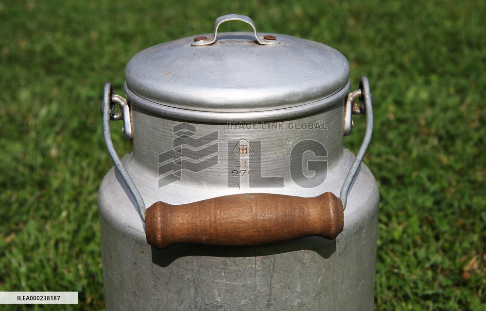 Aluminum watering can, milk bag, sign MILKY 3 l, dairy watering, wooden holder