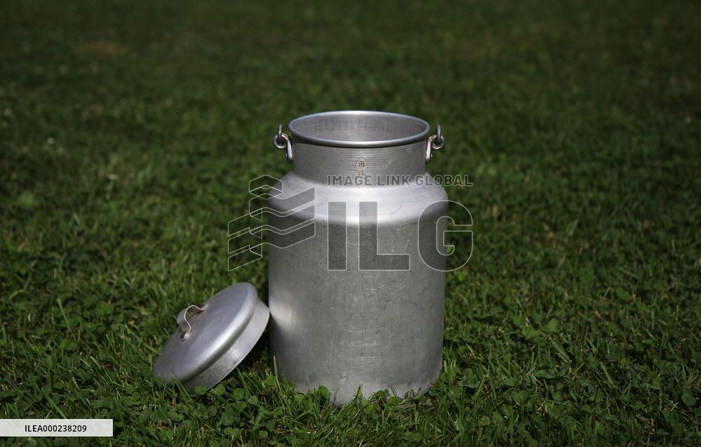 Aluminum watering can, milk bag, sign MILKY 3 l, dairy watering, wooden holder