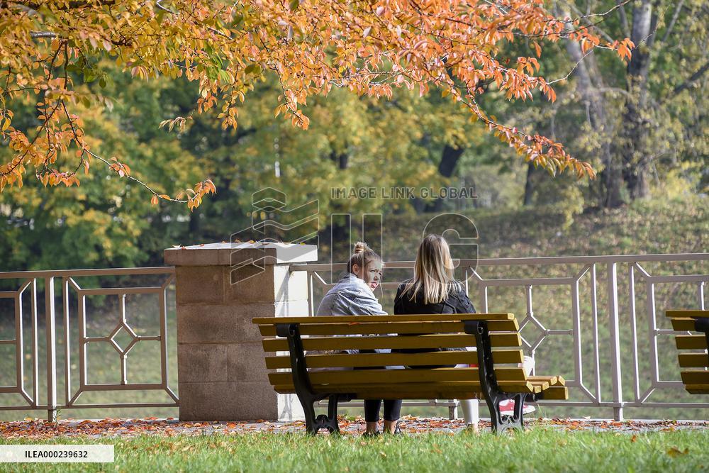 Autumn in Czech Republic, bench, girl, pair, women