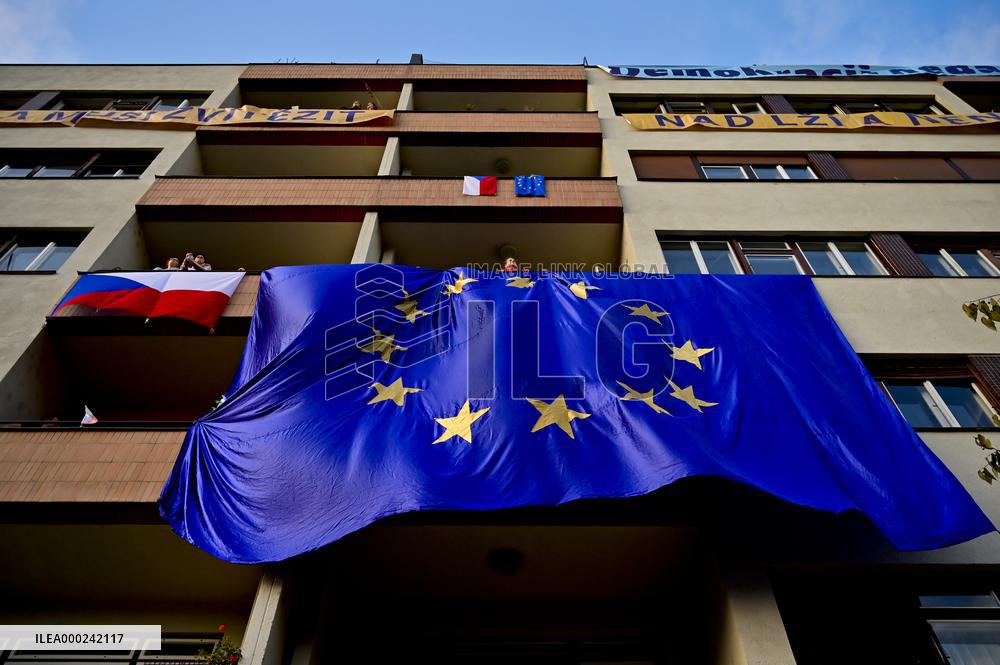 demonstration for Justice Minister Marie Benesova's resignation and against PM Andrej Babis in Prague's Letna plain, EU and Czech flags
