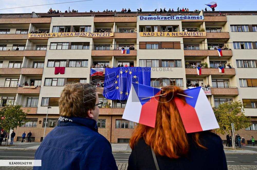 demonstration for Justice Minister Marie Benesova's resignation and against PM Andrej Babis in Prague's Letna plain, EU and Czech flags