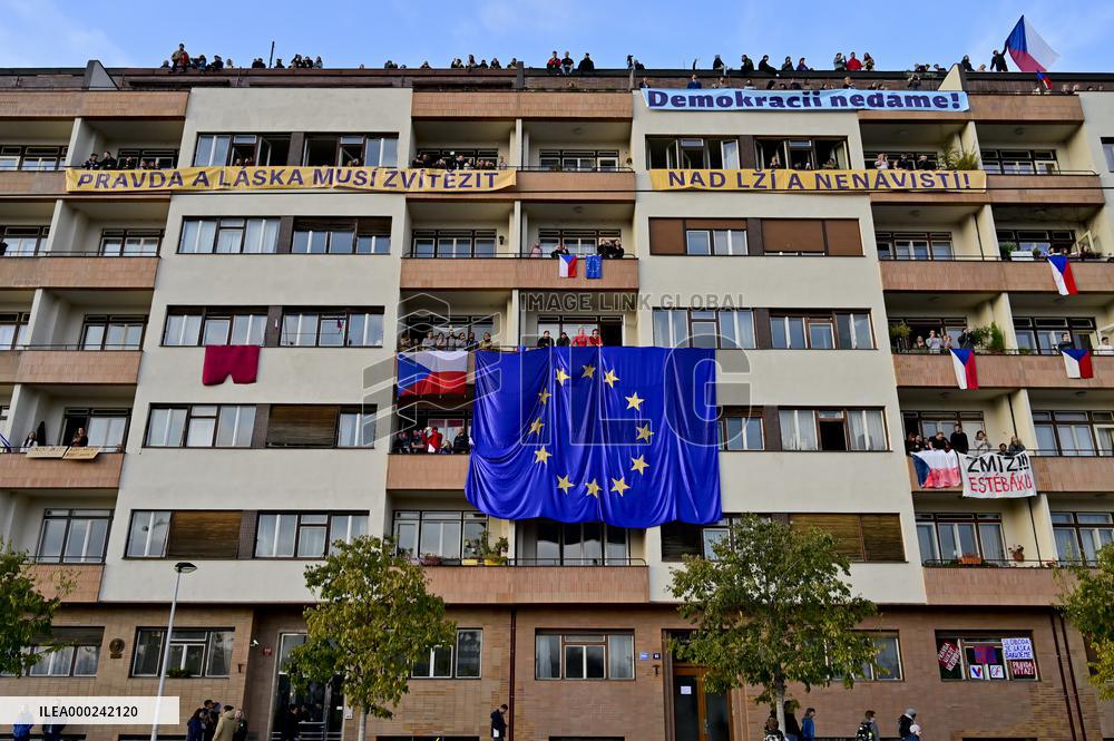 demonstration for Justice Minister Marie Benesova's resignation and against PM Andrej Babis in Prague's Letna plain, EU and Czech flags