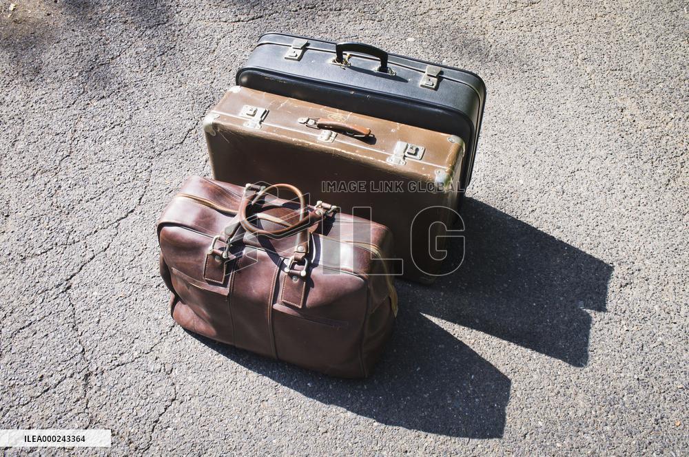 old brown and blue grey travel cardboard suitcase, luggage vintage, corners strengthened, leatherette suitcase, bag, personal relocation, travelling, move