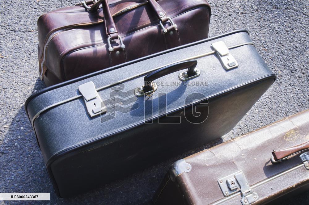 old brown and blue grey travel cardboard suitcase, luggage vintage, corners strengthened, leatherette suitcase, bag, personal relocation, travelling, move