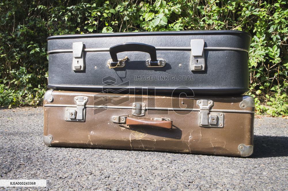 old brown and blue grey travel cardboard suitcase, luggage vintage, corners strengthened, leatherette suitcase, bag, personal relocation, travelling, move