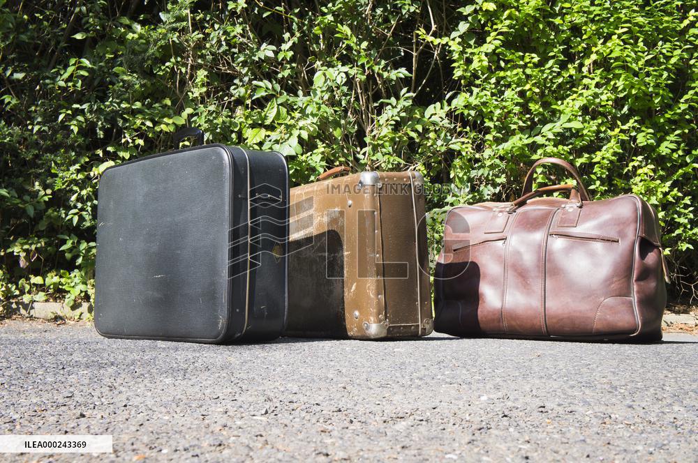 old brown and blue grey travel cardboard suitcase, luggage vintage, corners strengthened, leatherette suitcase, bag, personal relocation, travelling, move