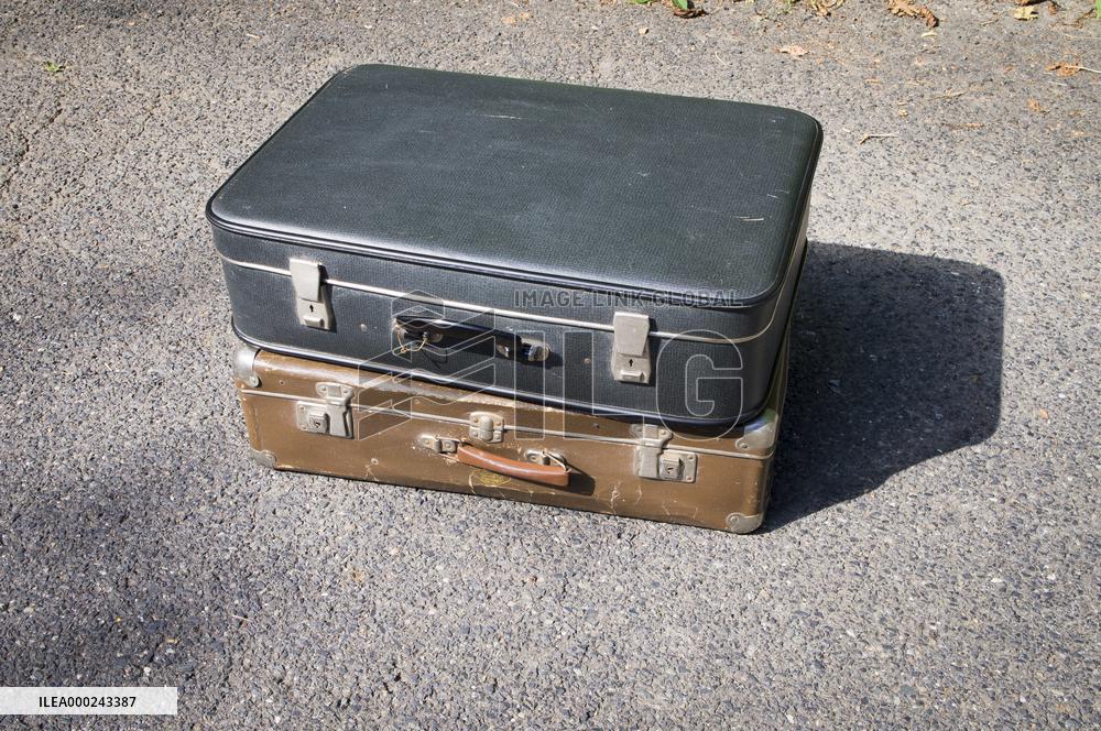 old brown and blue grey travel cardboard suitcase, luggage vintage, corners strengthened, leatherette suitcase, bag, personal relocation, travelling, move
