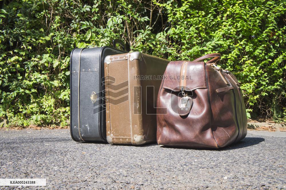 old brown and blue grey travel cardboard suitcase, luggage vintage, corners strengthened, leatherette suitcase, bag, personal relocation, travelling, move