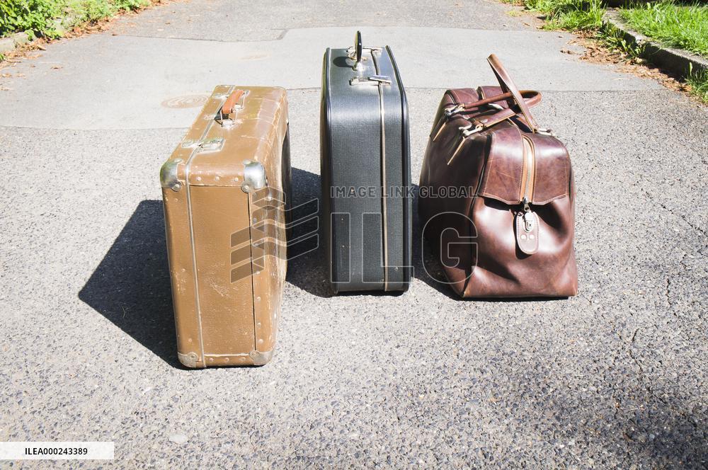 old brown and blue grey travel cardboard suitcase, luggage vintage, corners strengthened, leatherette suitcase, bag, personal relocation, travelling, move