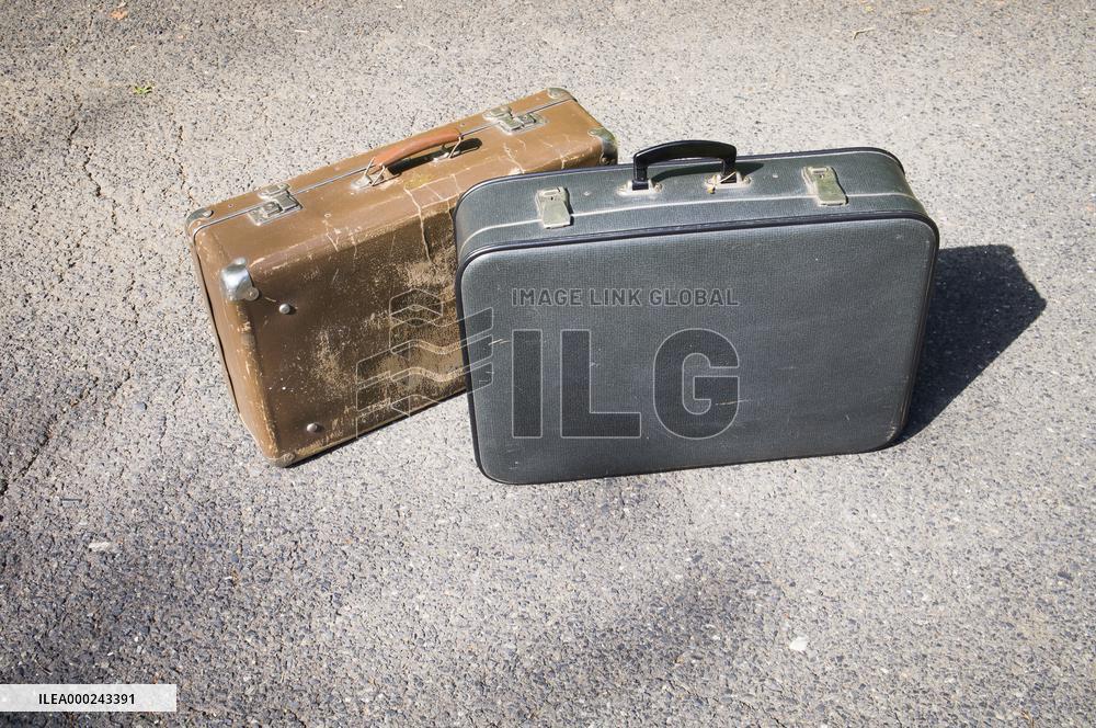 old brown and blue grey travel cardboard suitcase, luggage vintage, corners strengthened, leatherette suitcase, bag, personal relocation, travelling, move