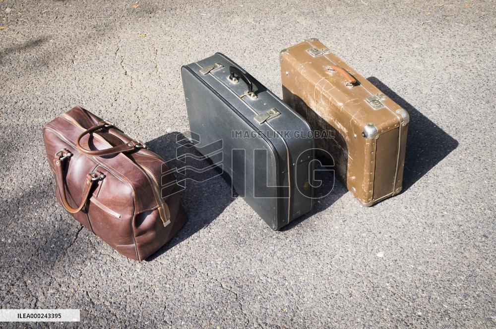 old brown and blue grey travel cardboard suitcase, luggage vintage, corners strengthened, leatherette suitcase, bag, personal relocation, travelling, move