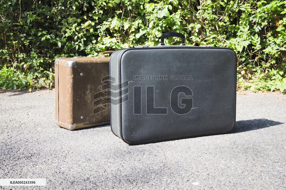 old brown and blue grey travel cardboard suitcase, luggage vintage, corners strengthened, leatherette suitcase, bag, personal relocation, travelling, move