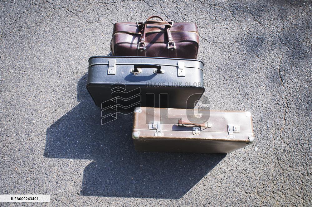 old brown and blue grey travel cardboard suitcase, luggage vintage, corners strengthened, leatherette suitcase, bag, personal relocation, travelling, move