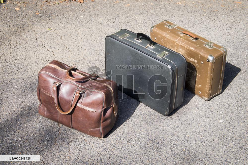 old brown and blue grey travel cardboard suitcase, luggage vintage, corners strengthened, leatherette suitcase, bag, personal relocation, travelling, move