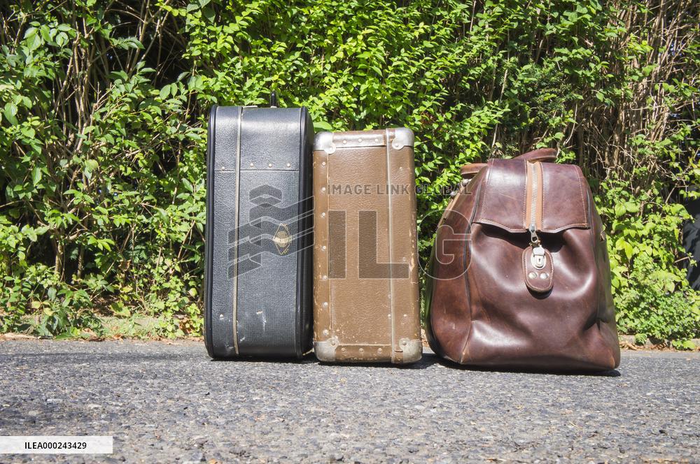 old brown and blue grey travel cardboard suitcase, luggage vintage, corners strengthened, leatherette suitcase, bag, personal relocation, travelling, move