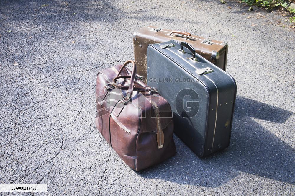 old brown and blue grey travel cardboard suitcase, luggage vintage, corners strengthened, leatherette suitcase, bag, personal relocation, travelling, move