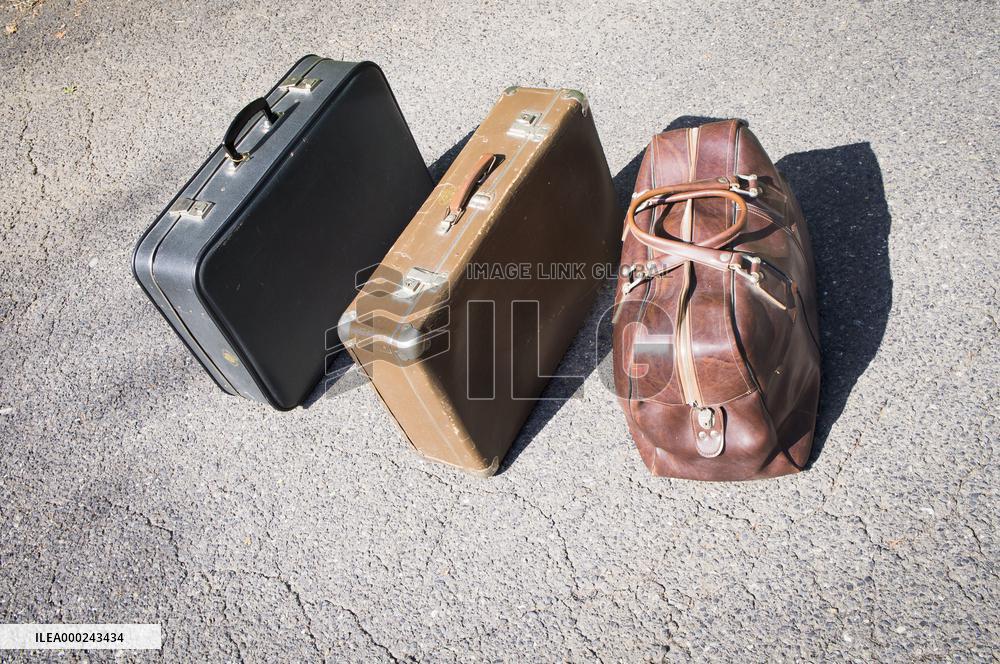 old brown and blue grey travel cardboard suitcase, luggage vintage, corners strengthened, leatherette suitcase, bag, personal relocation, travelling, move