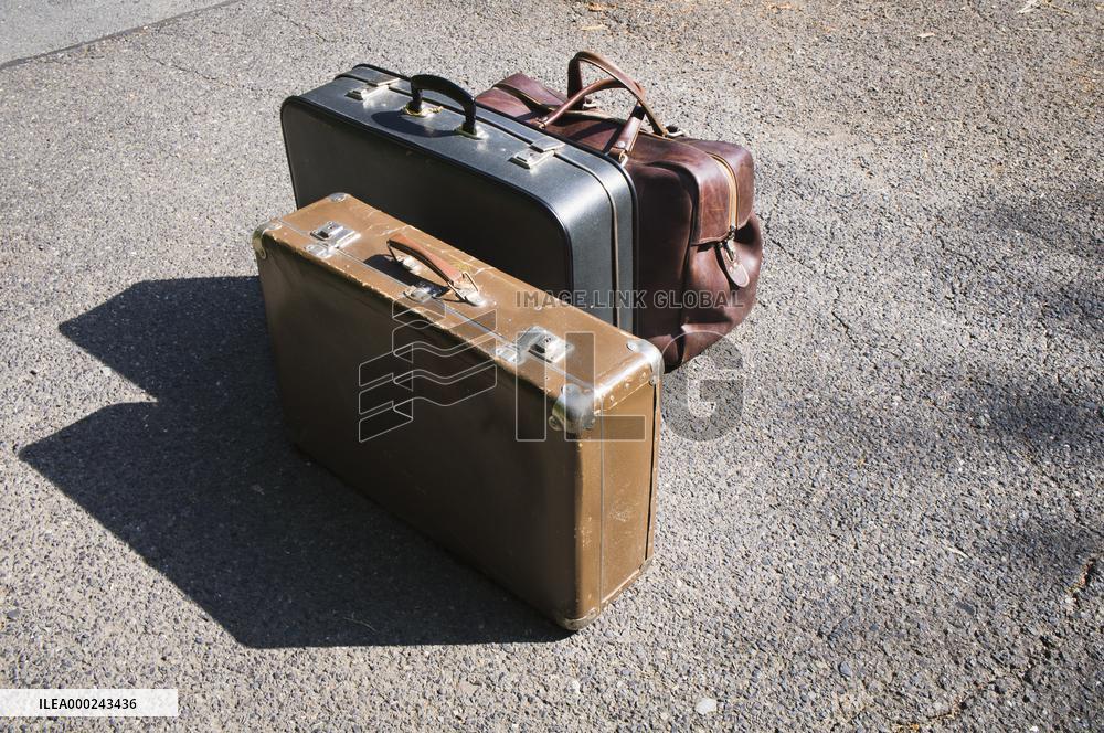 old brown and blue grey travel cardboard suitcase, luggage vintage, corners strengthened, leatherette suitcase, bag, personal relocation, travelling, move