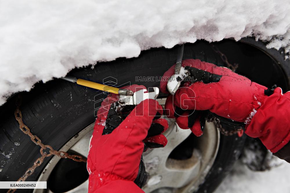 car, snow chains, tire, weather, winter, transportation, automobile