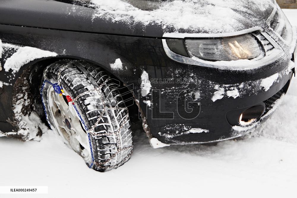 car, snow chains, tire, weather, winter, transportation, automobile