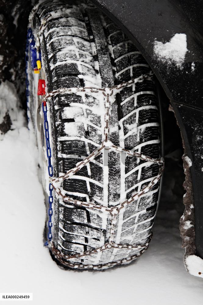car, snow chains, tire, weather, winter, transportation, automobile