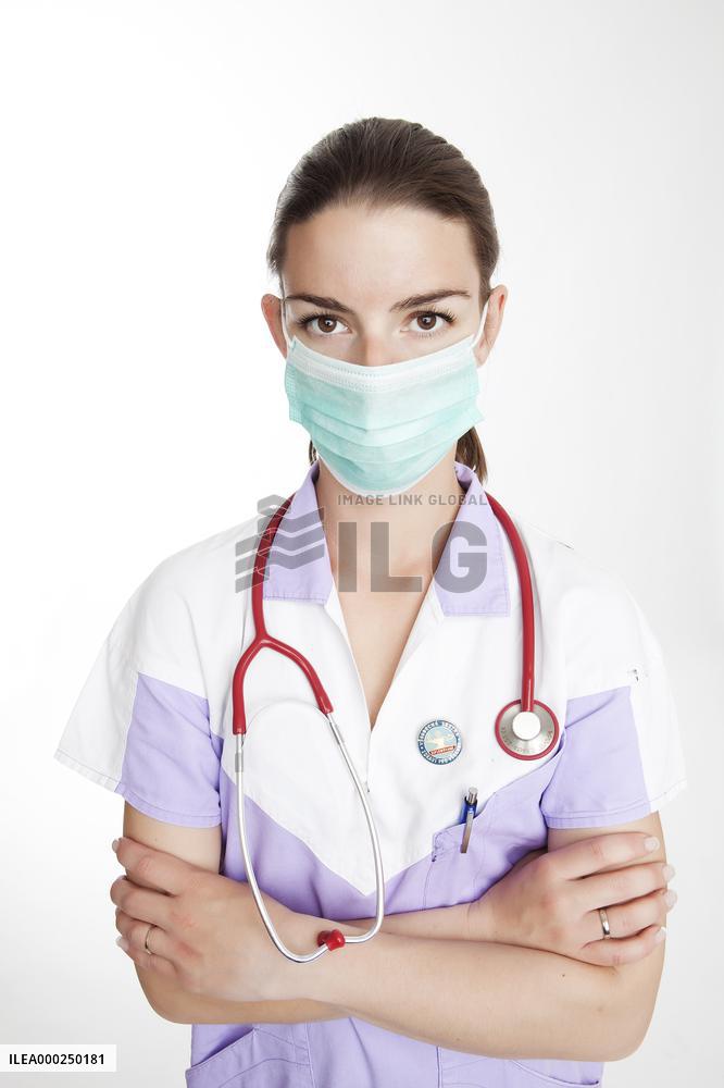health care, nurse, nursing sister, woman, facecloth, mouth protection, stethoscope
