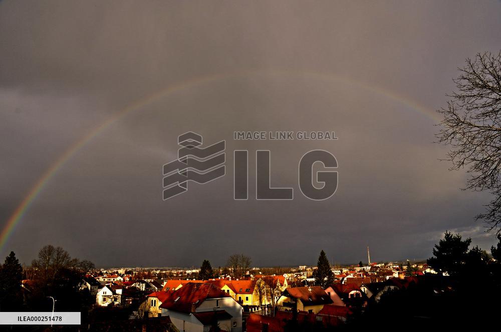 storm Ciara (Sabine), clouds, Moon, sky, Ceske Budejovice, rainbow