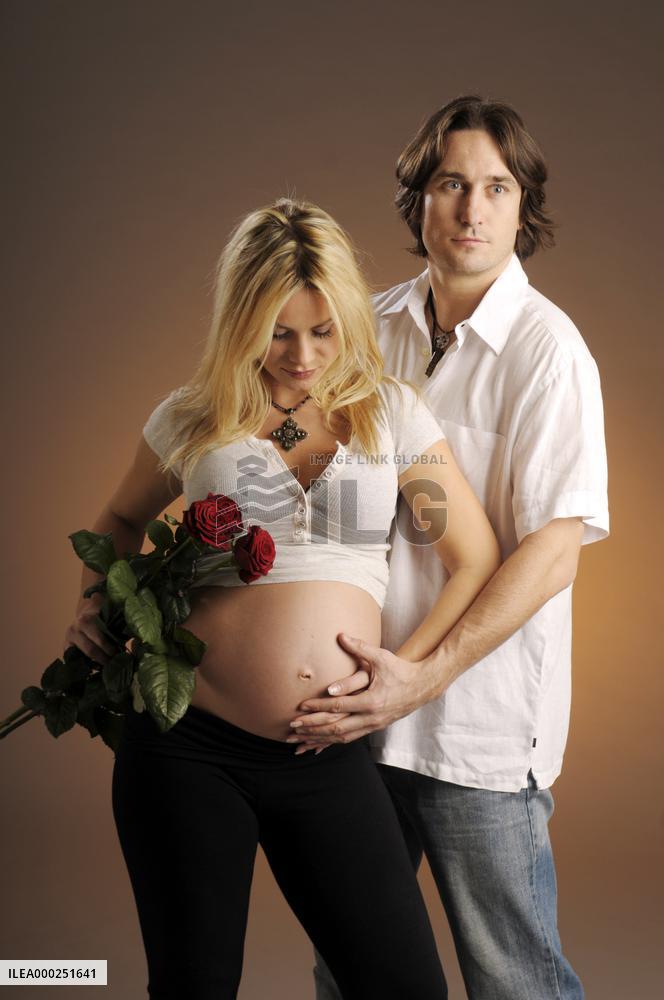 pregnant woman, man, rose, flower, bouquet, future, family