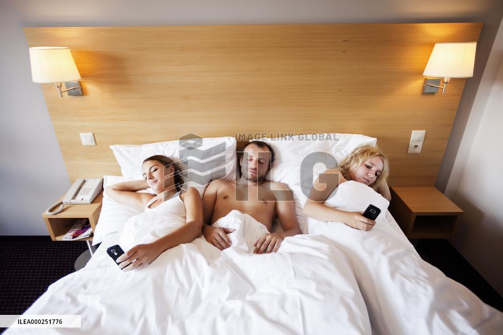 marriage, marital triangle, man, woman, women, bed, sex