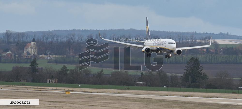Ryanair Boeing 737 lands at the Brno Turany Airport