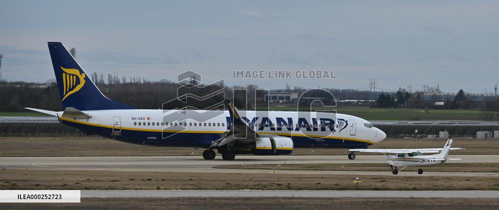 Ryanair Boeing 737 lands at the Brno Turany Airport