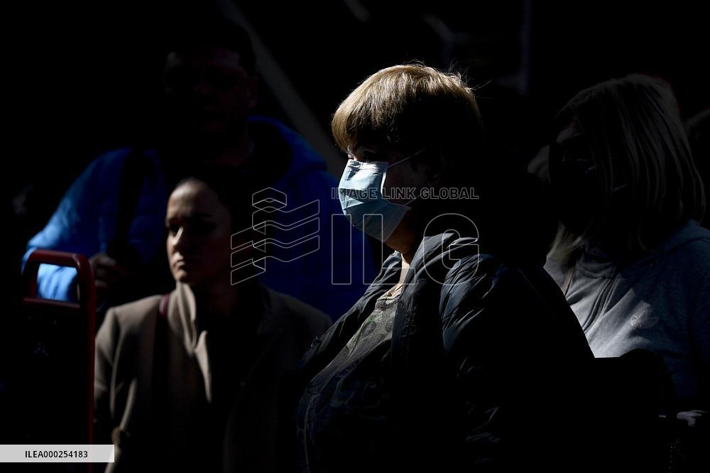 Vaclav Havel Airport Prague, woman, protective medical mask, coronavirus