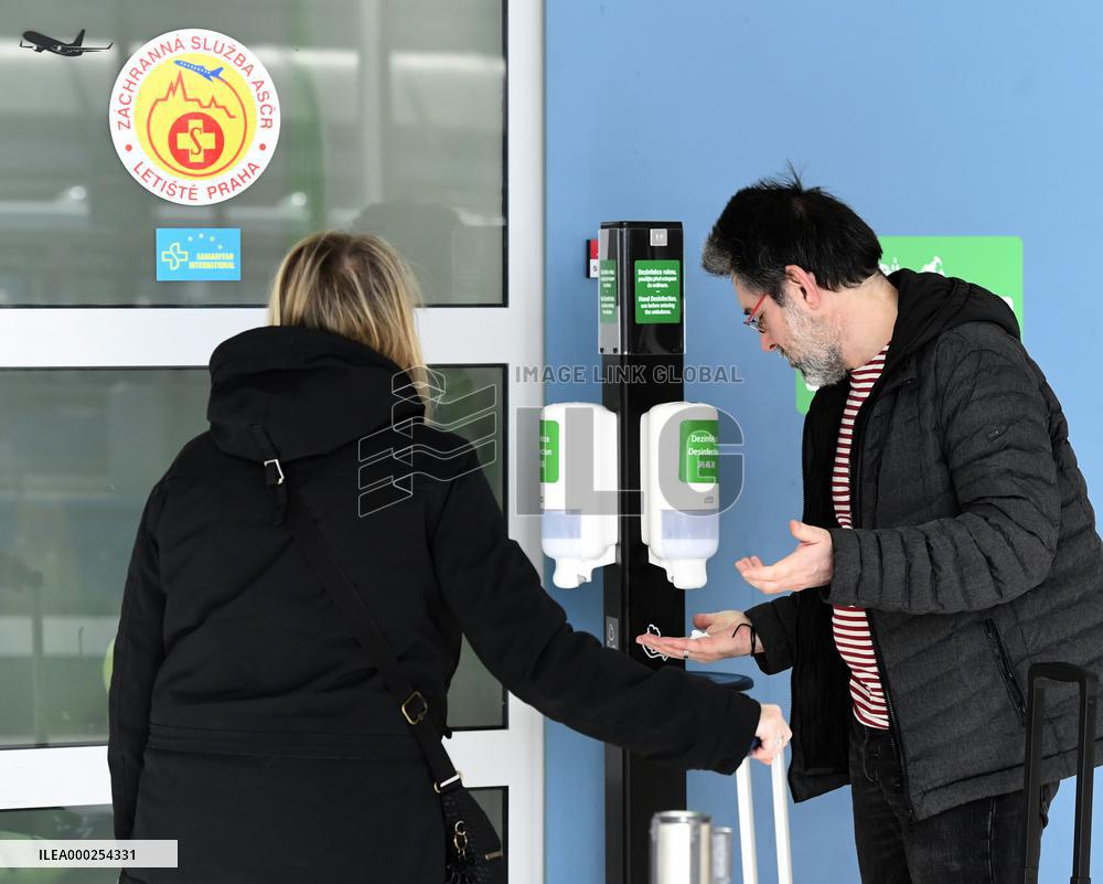 Vaclav Havel Airport Prague, coronavirus, disinfection, disinfectant gel, antibacterial