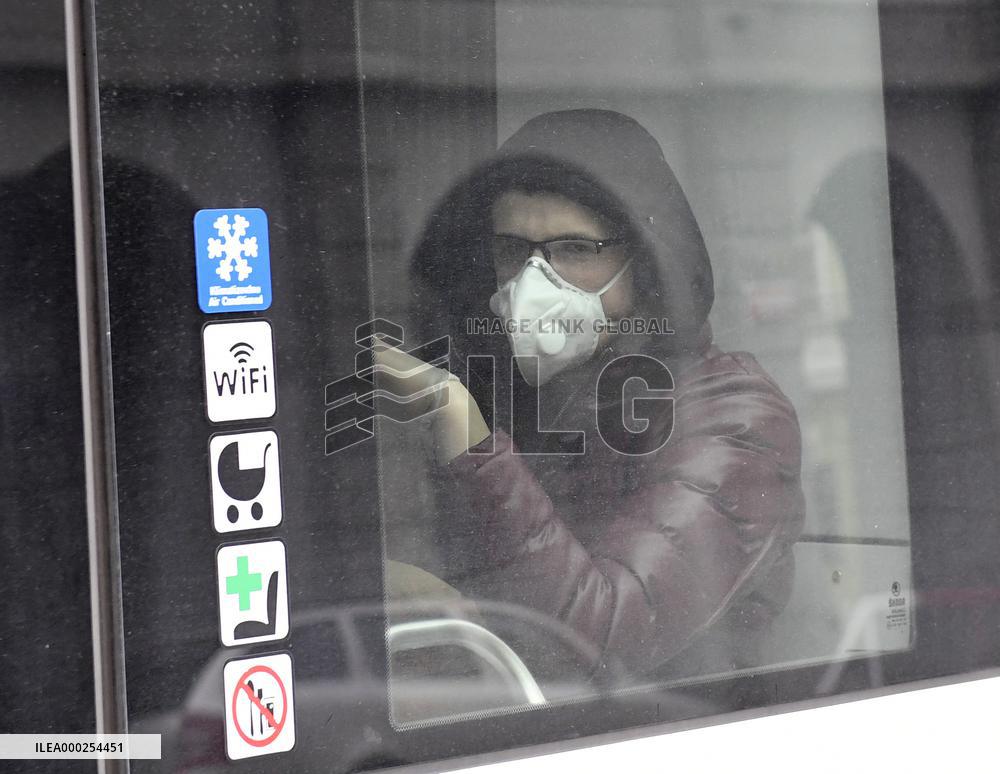 Public transport, Prague, epidemic coronavirus, people, face mask