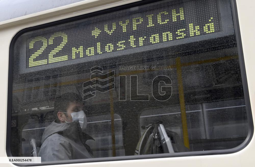 Public transport, Prague, epidemic coronavirus, people, face mask