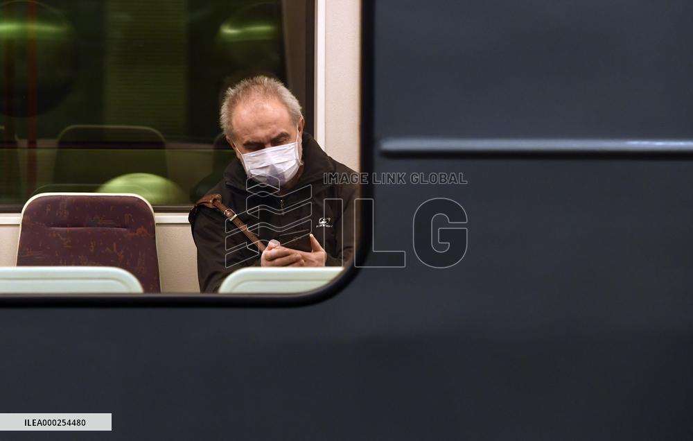 Public transport, Prague, epidemic coronavirus, people, face mask