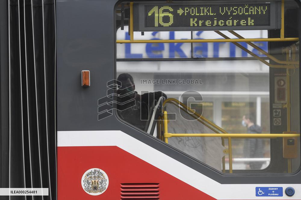 Public transport, Prague, epidemic coronavirus, people, face mask
