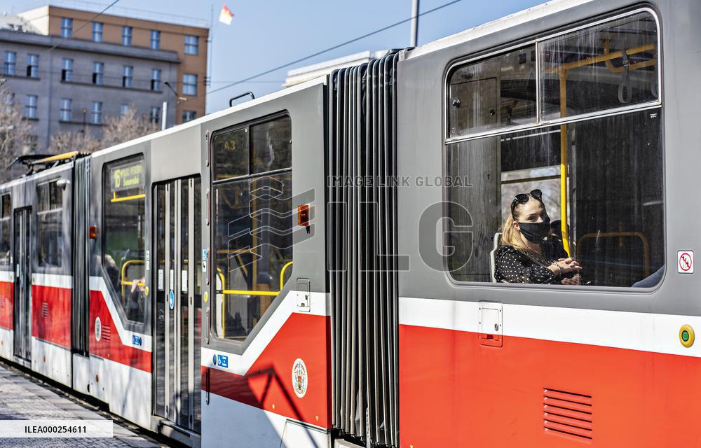 Public transport, Prague, epidemic coronavirus, people, face mask, tram