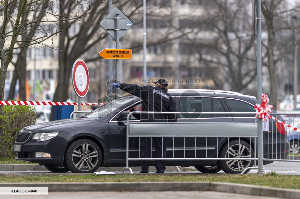 drive-through COVID-19 testing station, University Hospital Hradec Kralove