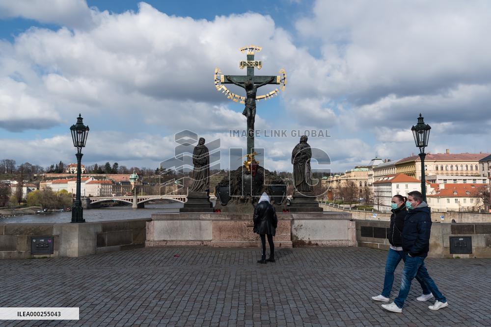 Prague, Charles Bridge, tourist, tourism, empty, state of emergency over coronavirus across Czech Republic