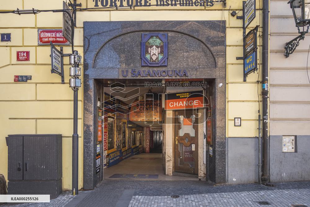 Empty center of Prague, street Krizovnicka, passage, underpass, tourist point, shopping center, historical center, Old Town, Prague, city, without tourists, restricted movement of people, travel ban, prevention of infection, Coronavirus, Covid 19